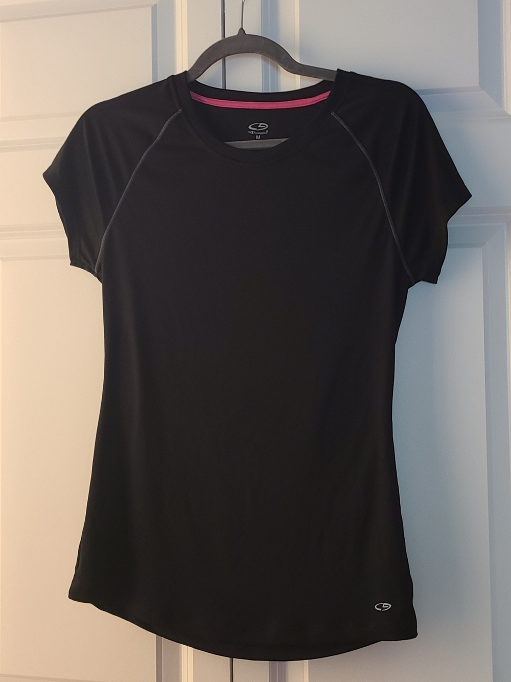 Champion Black Women's Short Sleeve Athletic Tee with Pink Neck Trim - Size M